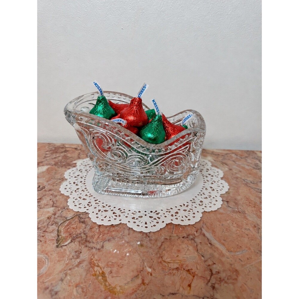 Lead Crystal Sleigh Sled Christmas Holiday Swirl Design Candy Dish Heavy